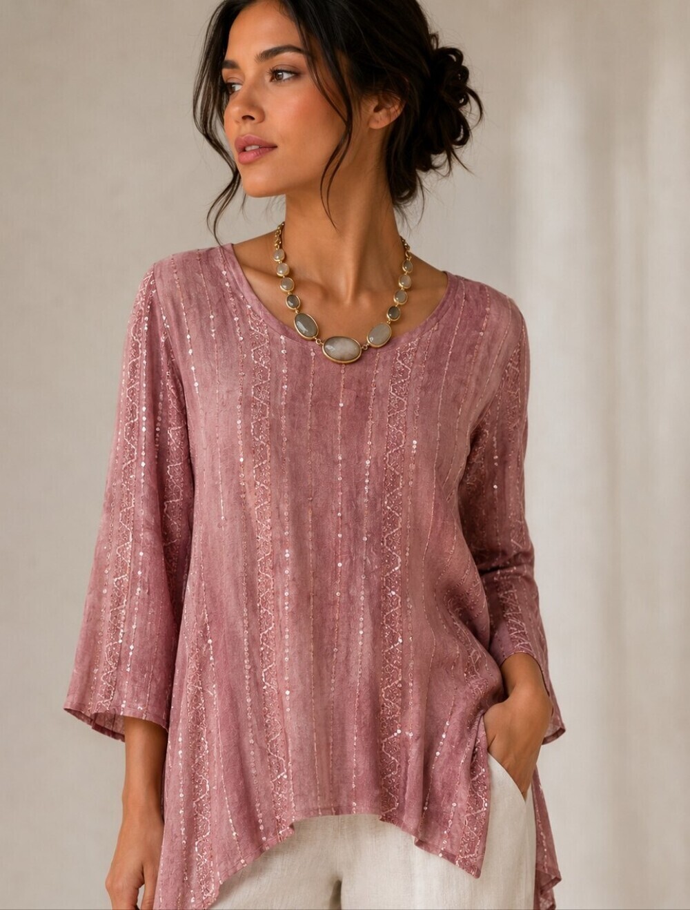 SHANNON FORD Dusty Pink Embroidered Beaded Sequin Batik Tunic